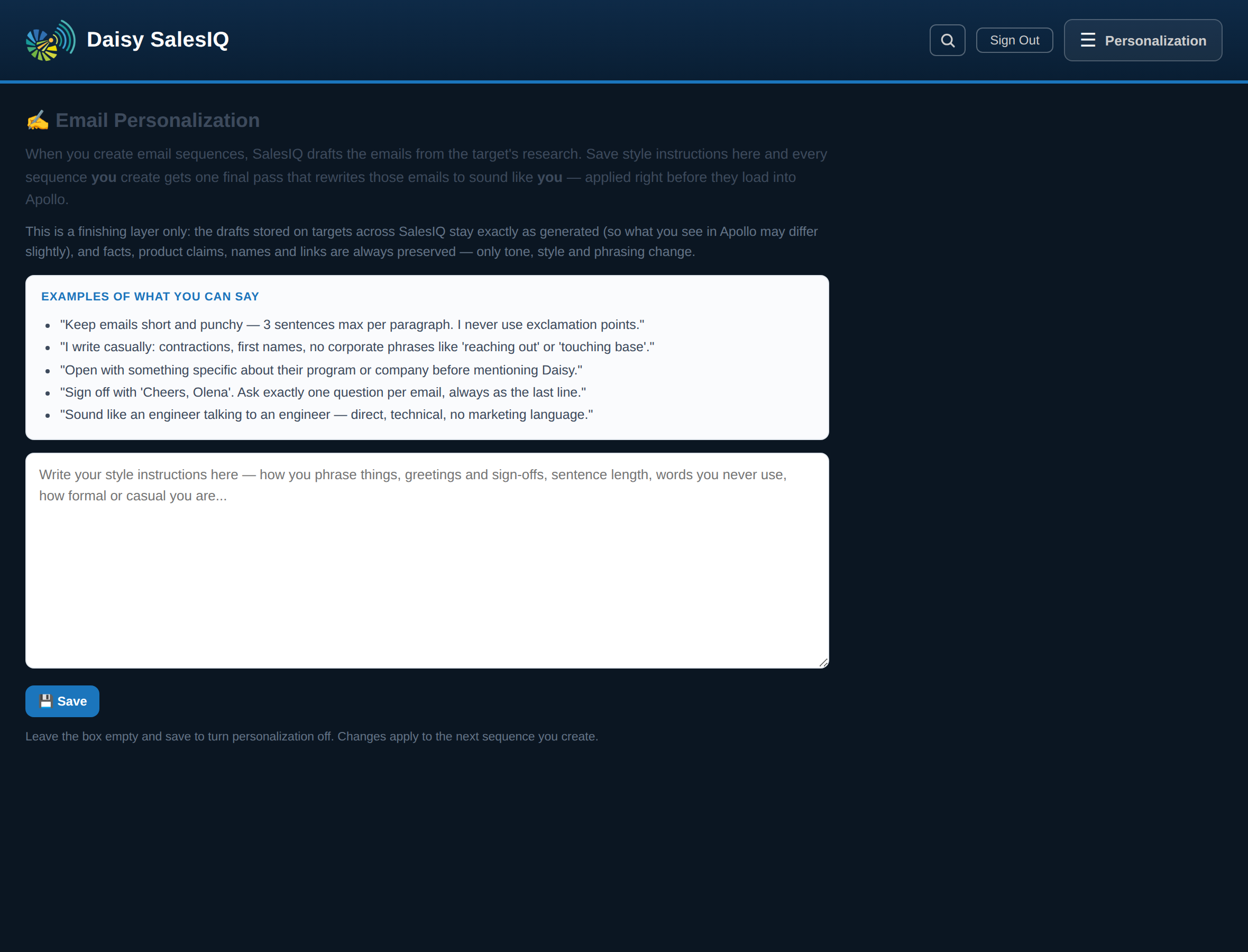 Personalization tab